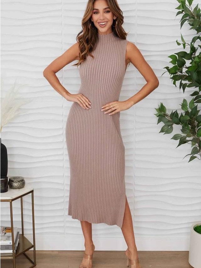Sleeveless Ribbed Midi Dress In Taupe